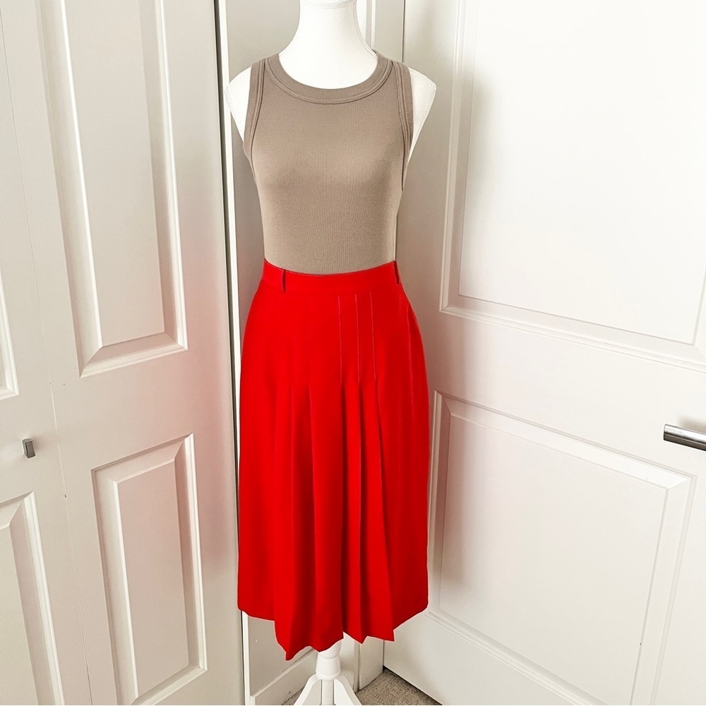 Vintage Made in France Rodier Mod Red Midi A-Line Skirt w/ Pleats - FR 44/US 12